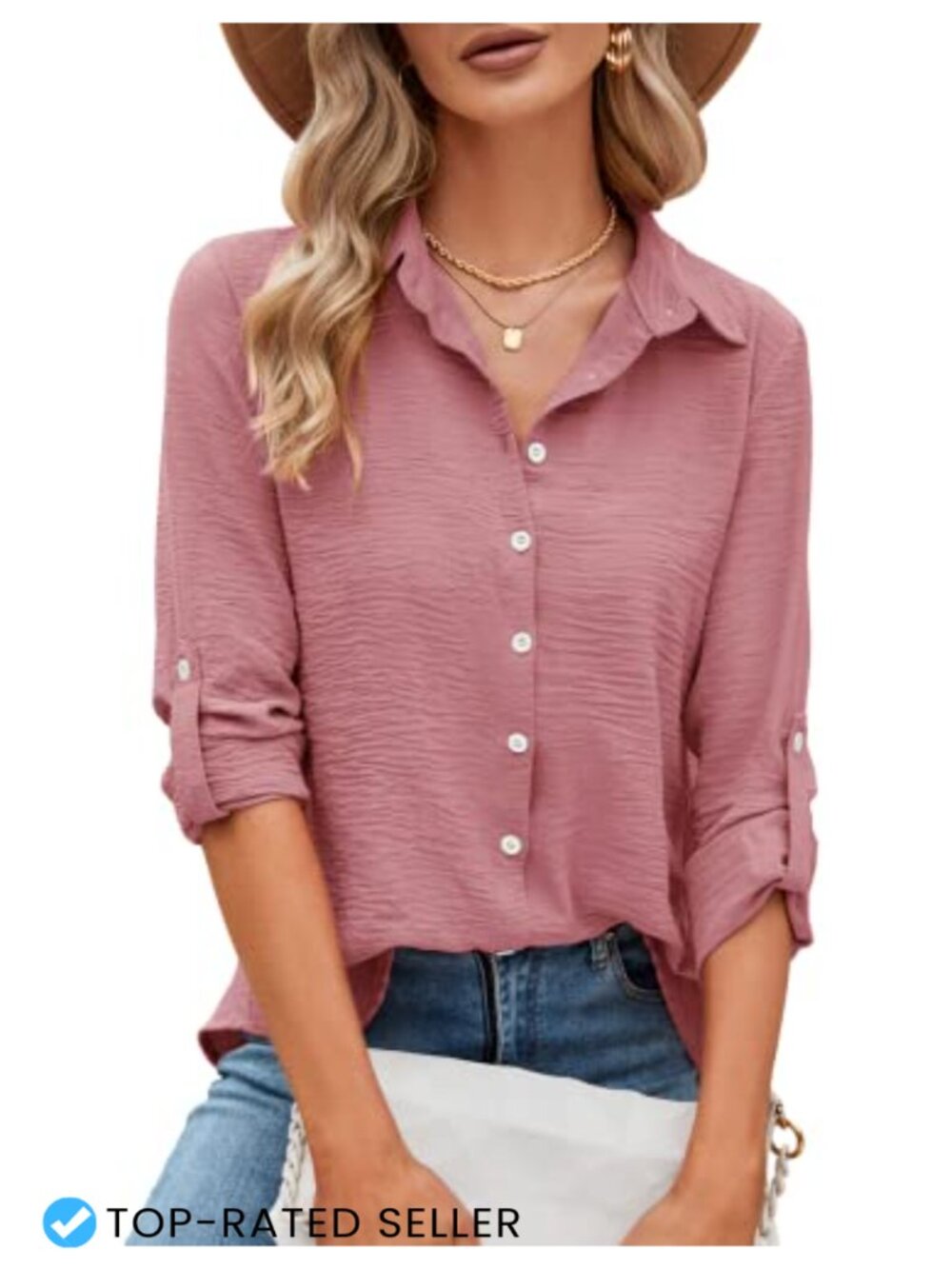 Women's Relaxed Fit Rayon Spandex Button Down Blouse 3/4 Sleeve